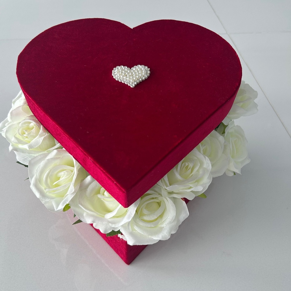 Red Velvet Heart shape box with white roses